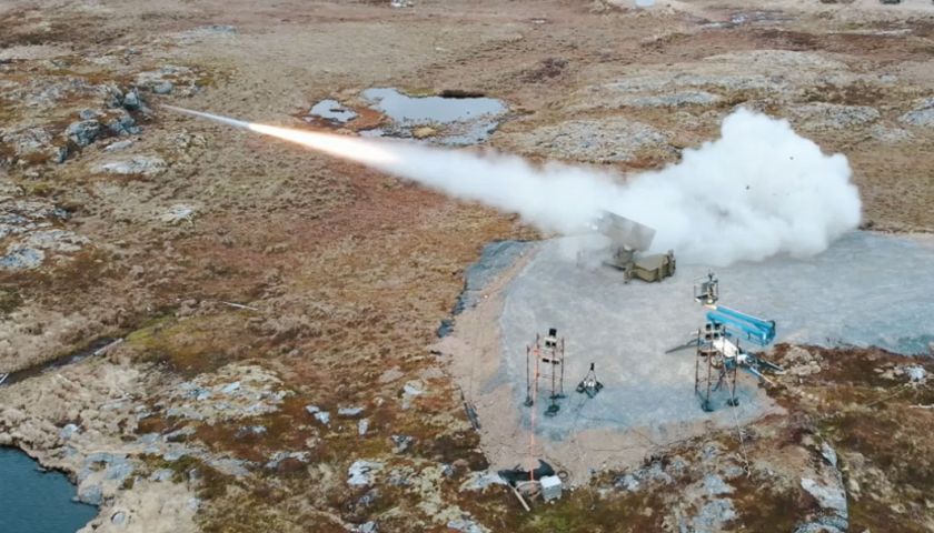A new-design AMRAAM-ER surface-to-air interceptor is fired during one of two live-fire CTV shots at Andøya Space, Norway, in late April. (Raytheon Technologies)