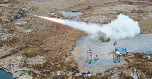 A new-design AMRAAM-ER surface-to-air interceptor is fired during one of two live-fire CTV shots at Andøya Space, Norway, in late April.