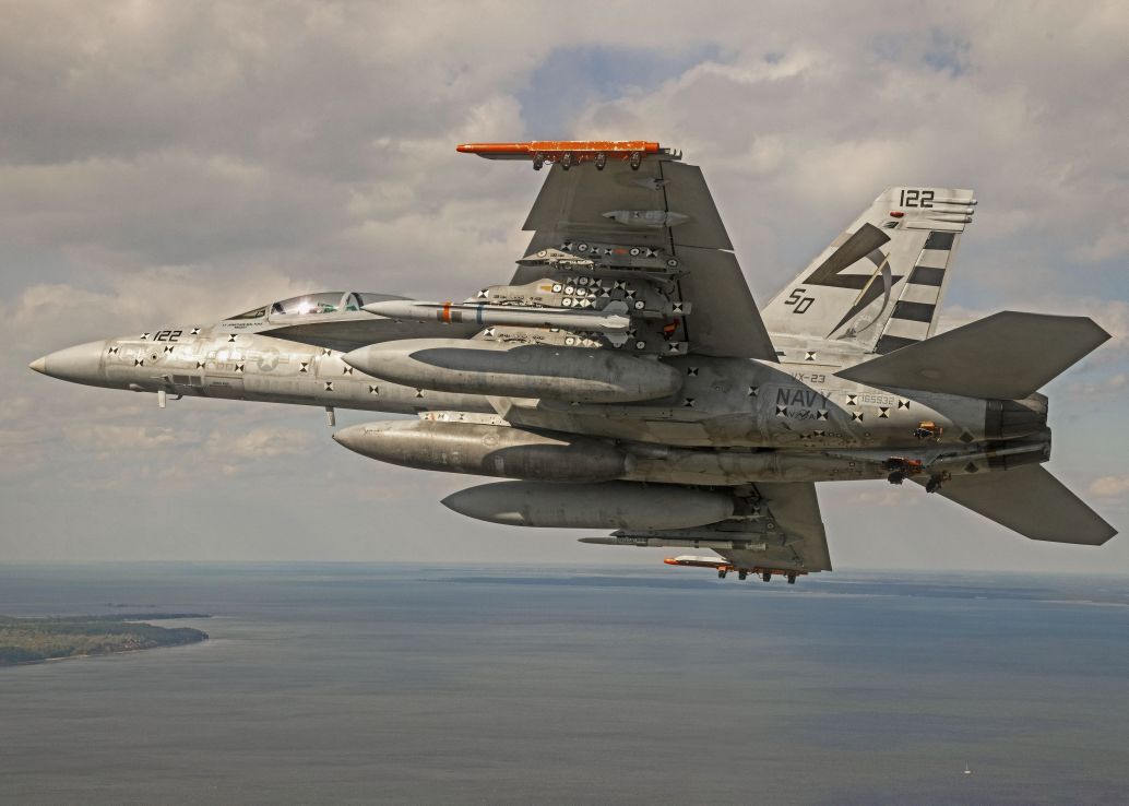 A US Navy F/A-18E/F Super Hornet conducts a captive-carriage flight with an Advanced Anti-Radiation Guided Missile – Extended Range (AARGM-ER) Separation Test Vehicle at the Naval Air Warfare Center Atlantic Test Ranges in Patuxent River, Maryland, on April 22. The navy is integrating the AARGM-ER with the F/A-18E/F and EA-18G, and it will be compatible for integration with the F-35. (US Navy)